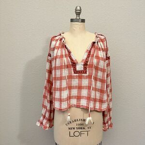 FREE PEOPLE Honey Grove Pink Gingham Peasant Top Gauzy Oversized